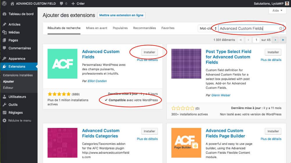 Installer le plugin Advanced Custom Fields