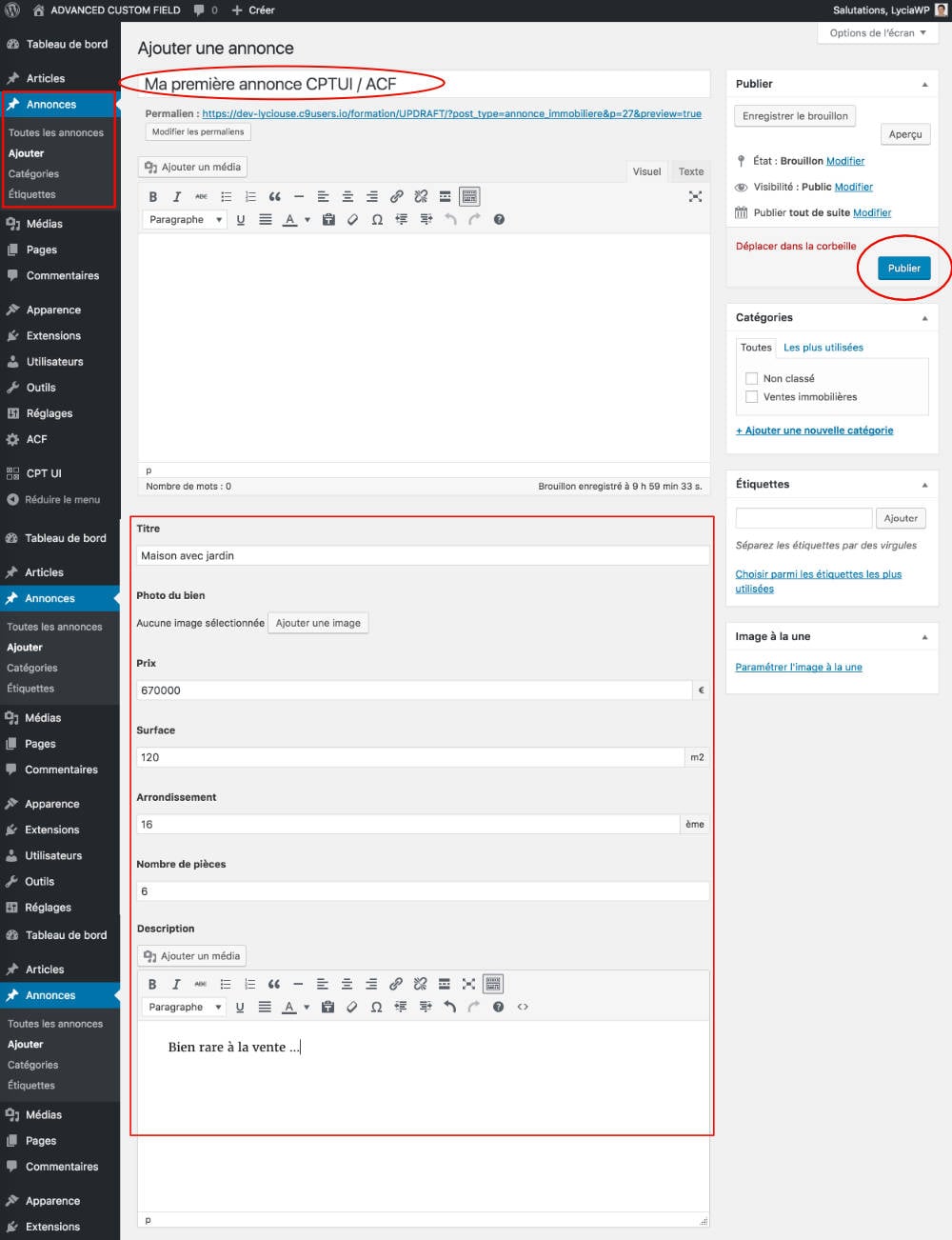 Créer une annonce avec CPTUI et ACF