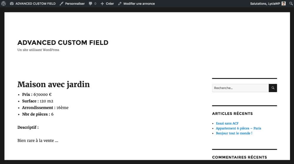 Rendu visuel annonce côté visiteur