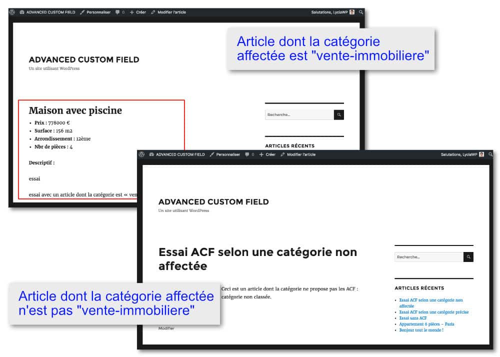 ACF selon un type de catégorie spécifique
