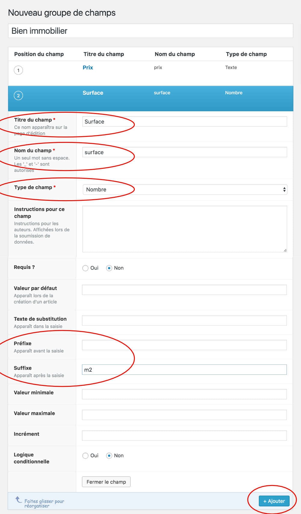 Créer les différents champs