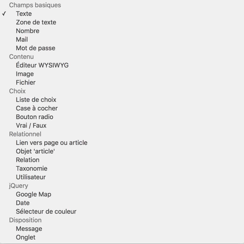 Les différents types de champs ACF