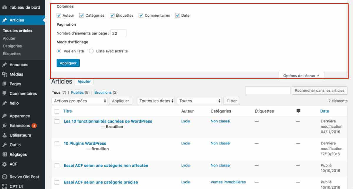Option de l'écran dans la liste des articles