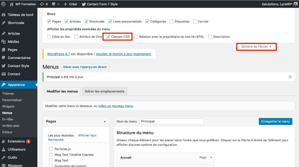 Ajouter l'option de classes CSS au menu