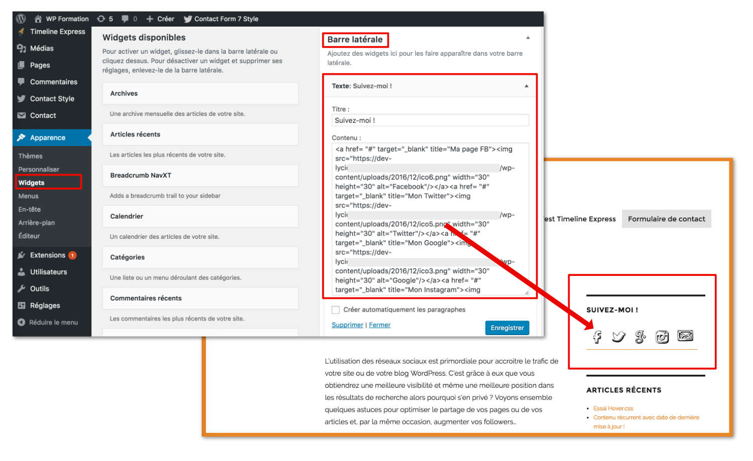 Réseaux sociaux avec Widget Texte