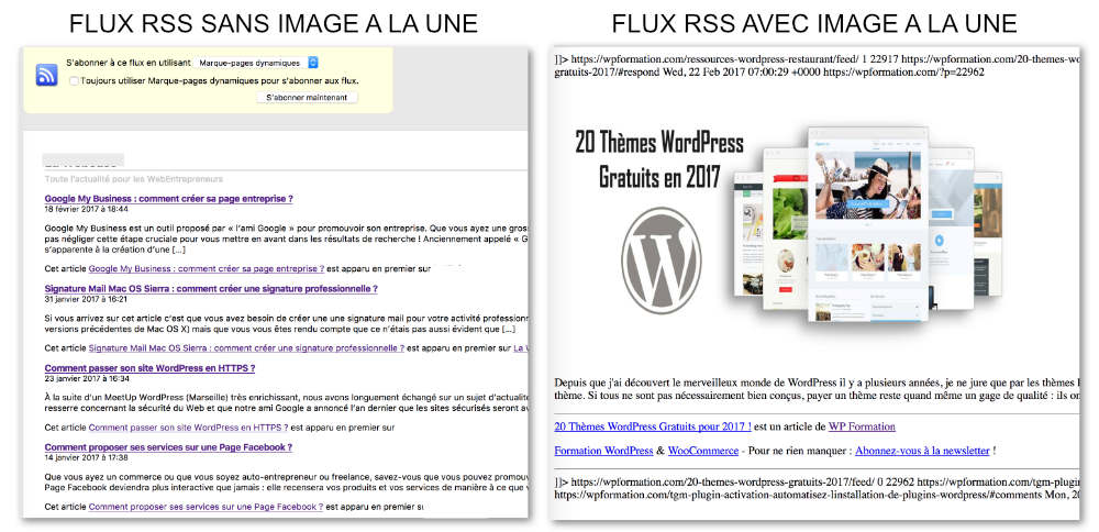 Comparaison flux RSS avec et sans image à la une