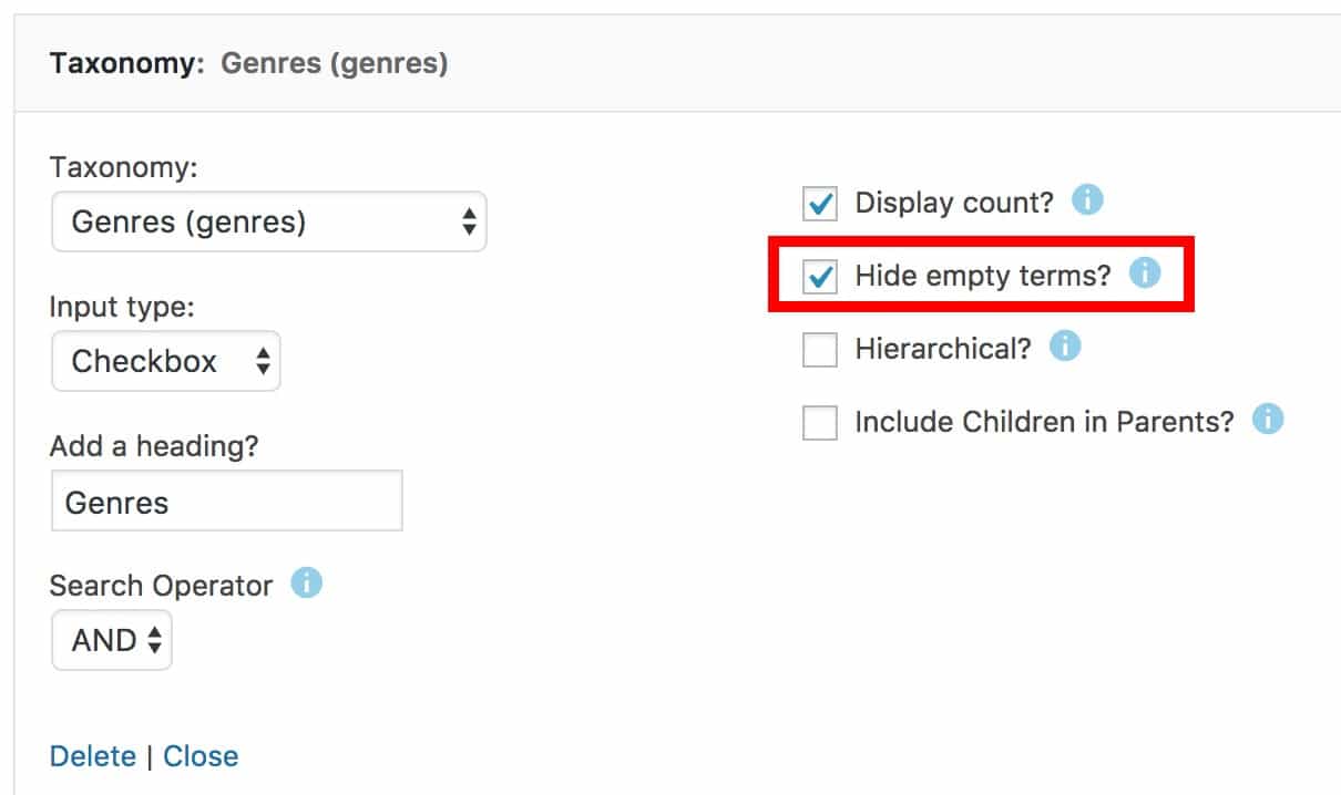 search & filter hide empty count