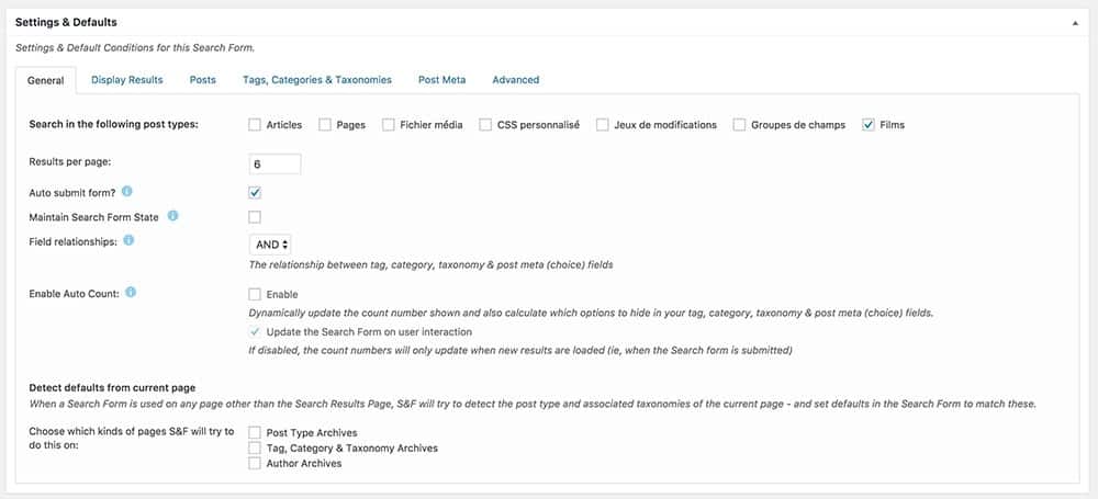 search & filter settings