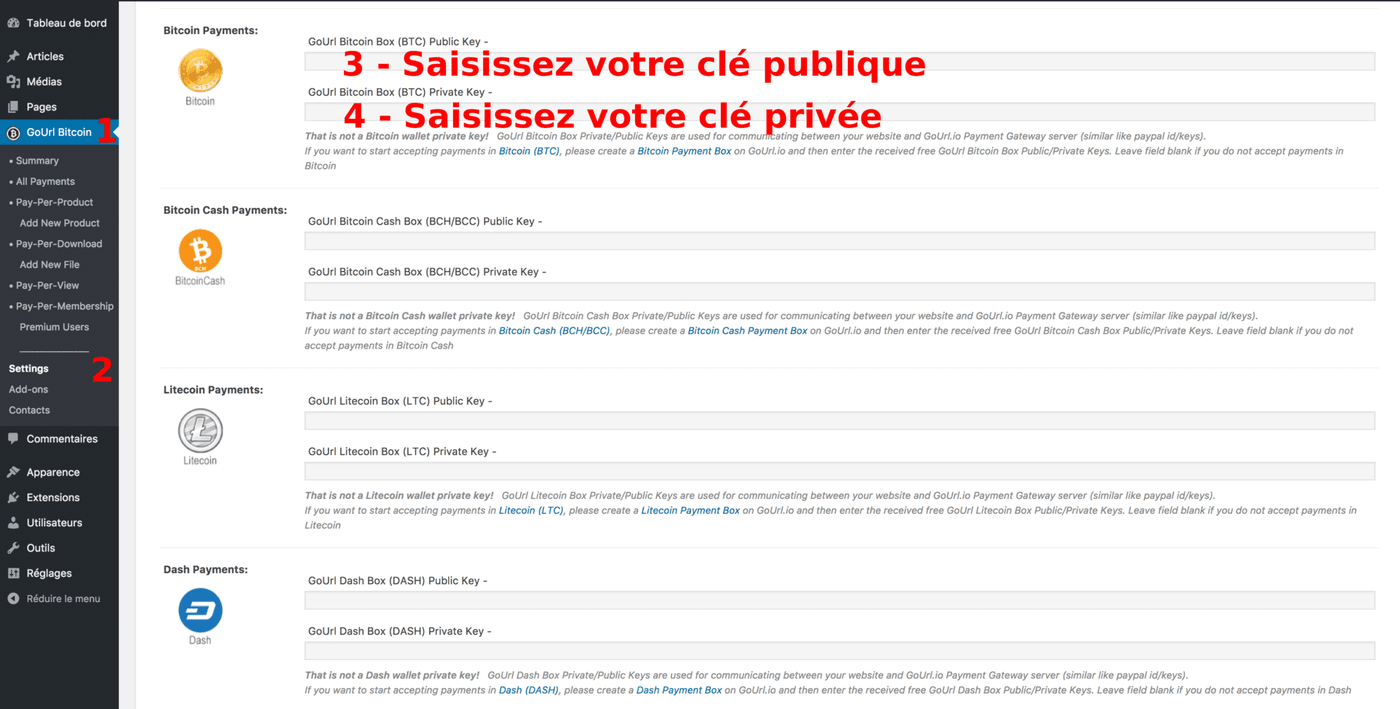 Bitcoin et WordPress - Réglages de GoURL