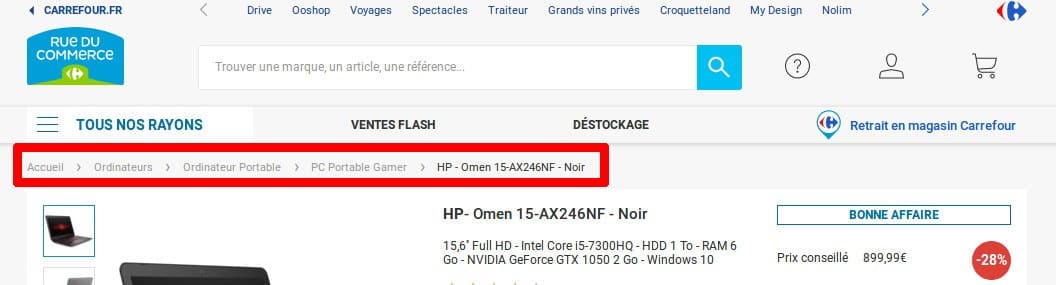 Comment ajouter un Fil d'Ariane sur WordPress - Autre exemple le fil d'Ariane de Rue du commerce