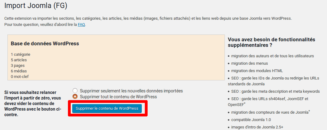 Migrer Joomla vers WordPress - Supprimer le contenu WP