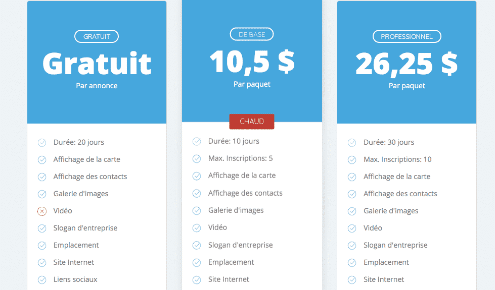 liste de prix avec listingpro pour site annuaires