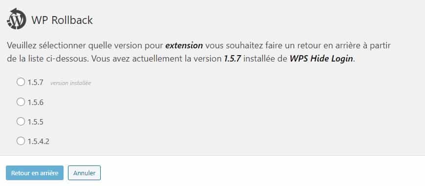 Retour Version Wp Roll Back