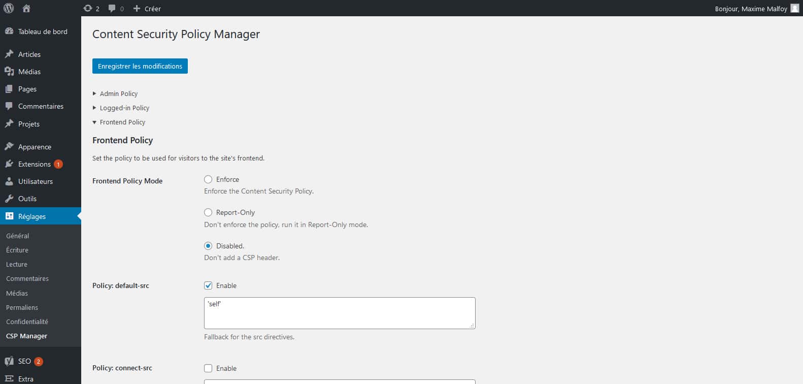 Content Security Policy Manager : un écran, trois onglets, une sécurité fine