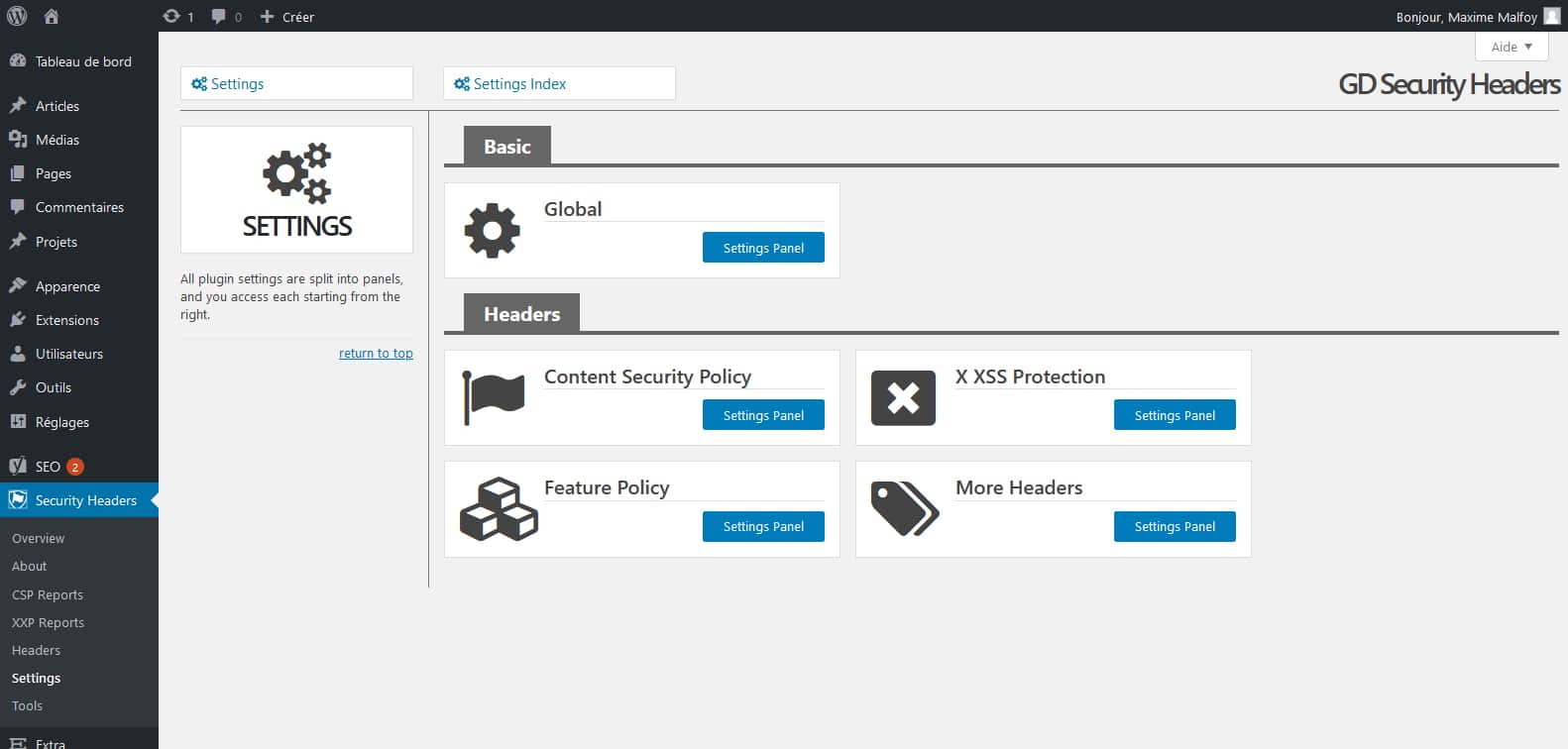 GD Security Headers : 5 onglets, 5 panneaux beaucoup (beaucoup) d'options