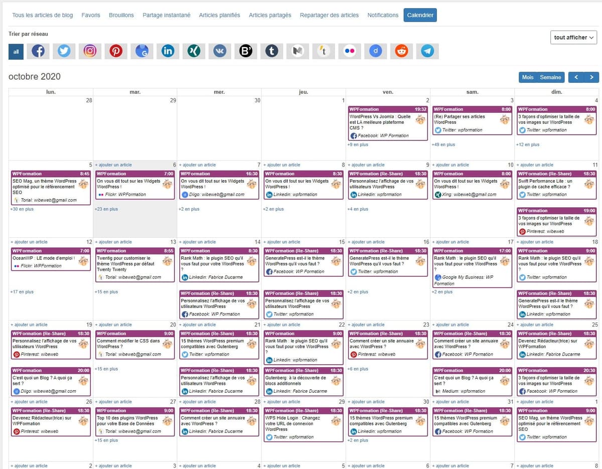 Calendrier Blog2social WordPress
