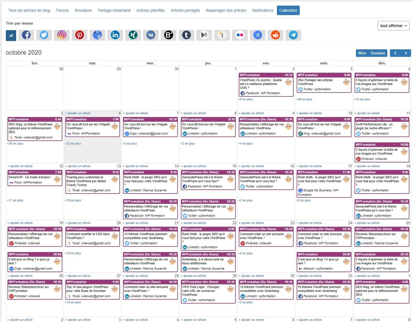 Calendrier Blog2social WordPress
