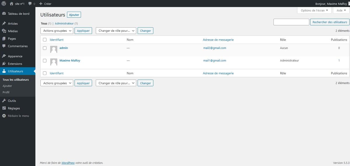 Le WordPress n°2 partage ses utilisateurs avec le site n°1 Le WordPress n°2 partage ses utilisateurs avec le site n°1