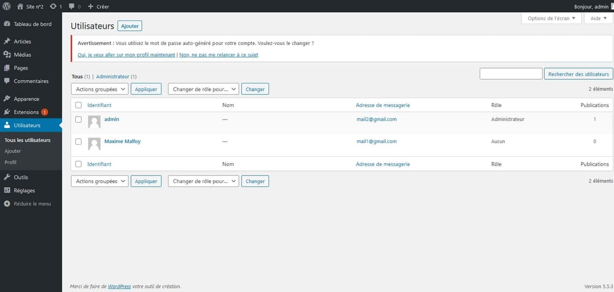 Le WordPress n°1 partage ses utilisateurs avec le site n°2 Le WordPress n°1 partage ses utilisateurs avec le site n°2
