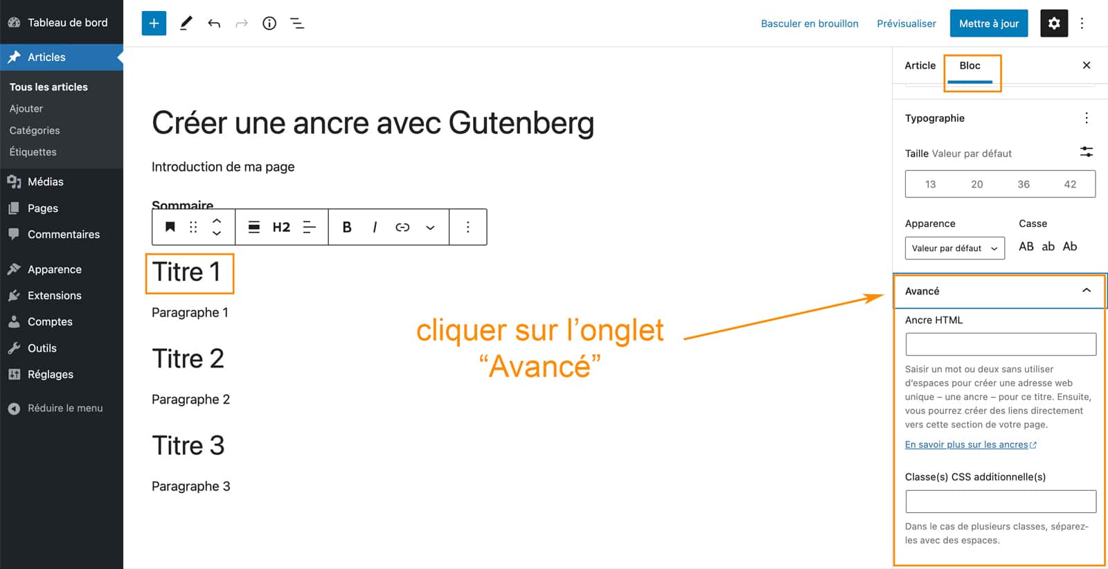 Tutoriel pour créer une ancre avec Gutenberg sous WordPress