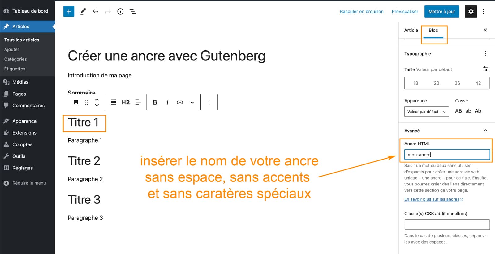 Tutoriel pour créer une ancre avec Gutenberg sous WordPress