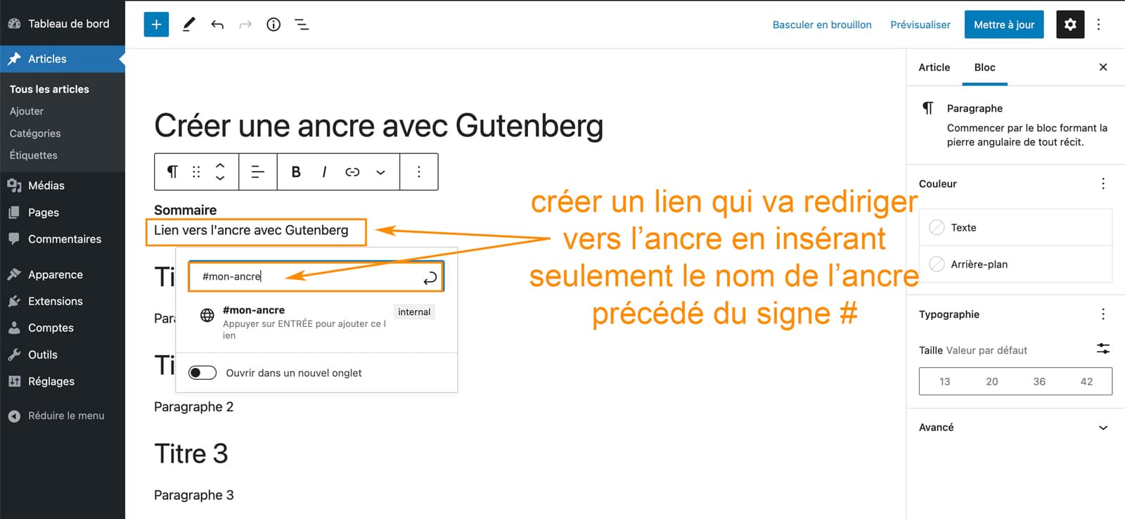 Tutoriel pour créer une ancre avec Gutenberg sous WordPress