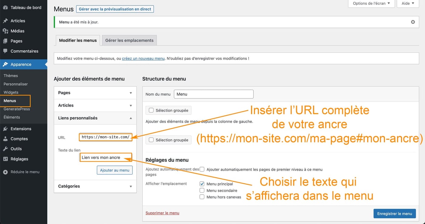 Tutoriel pour créer un lien vers une ancre dans le menu WordPress