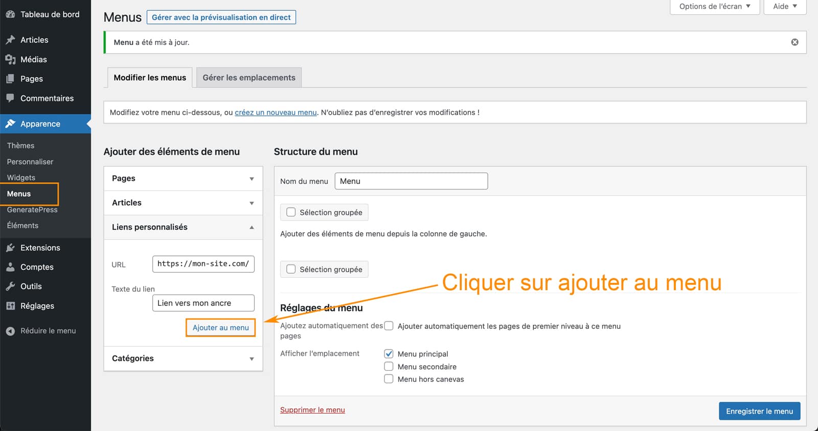 Tutoriel pour créer un lien vers une ancre dans le menu WordPress