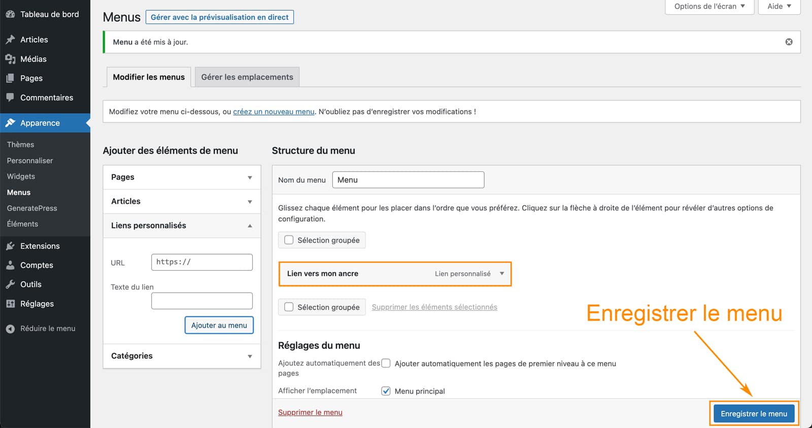 Tutoriel pour créer un lien vers une ancre dans le menu WordPress