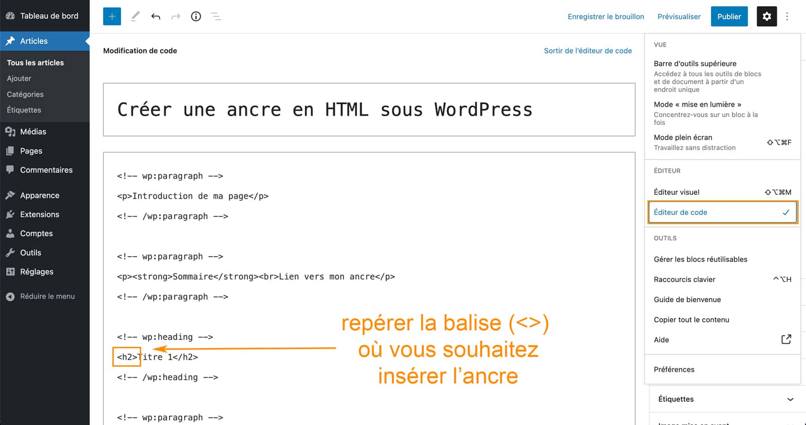 Tutoriel pour créer une ancre HMTL sous WordPress