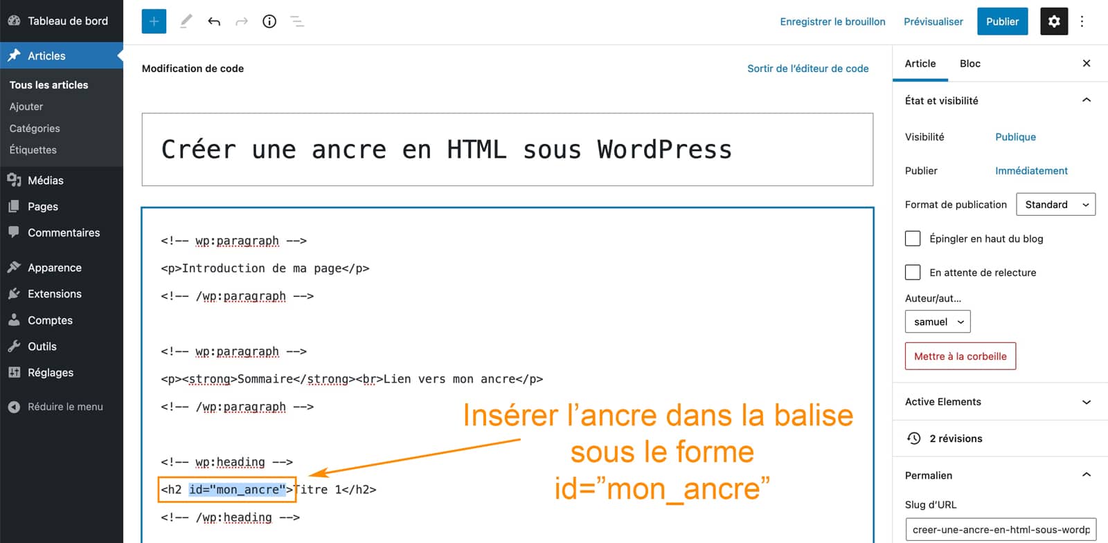Tutoriel pour créer une ancre HMTL sous WordPress
