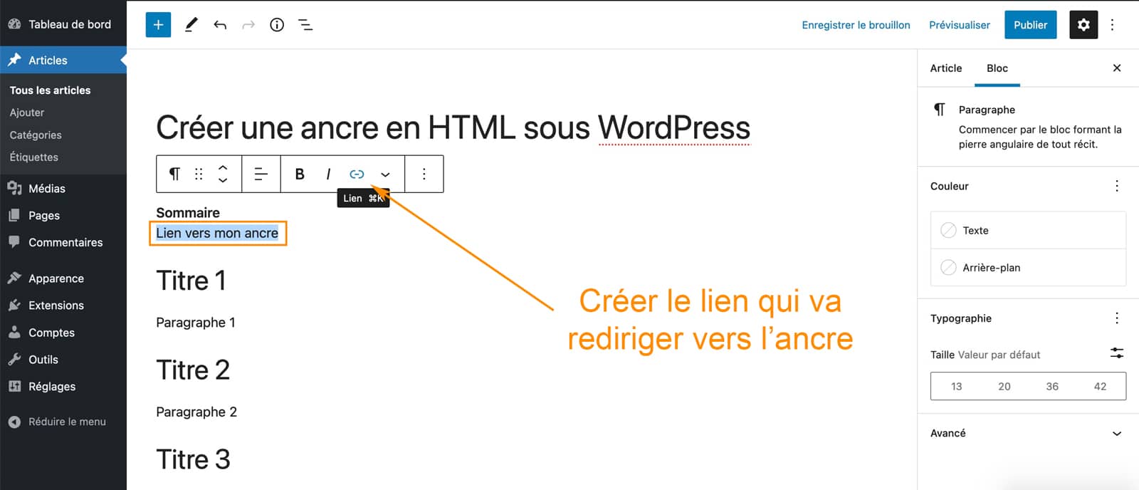 Tutoriel pour créer une ancre HMTL sous WordPress