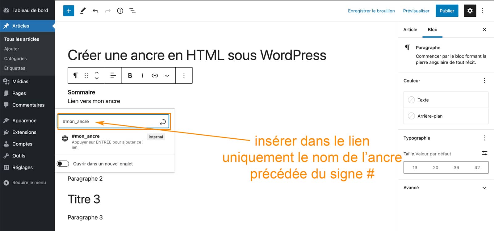Tutoriel pour créer une ancre HMTL sous WordPress