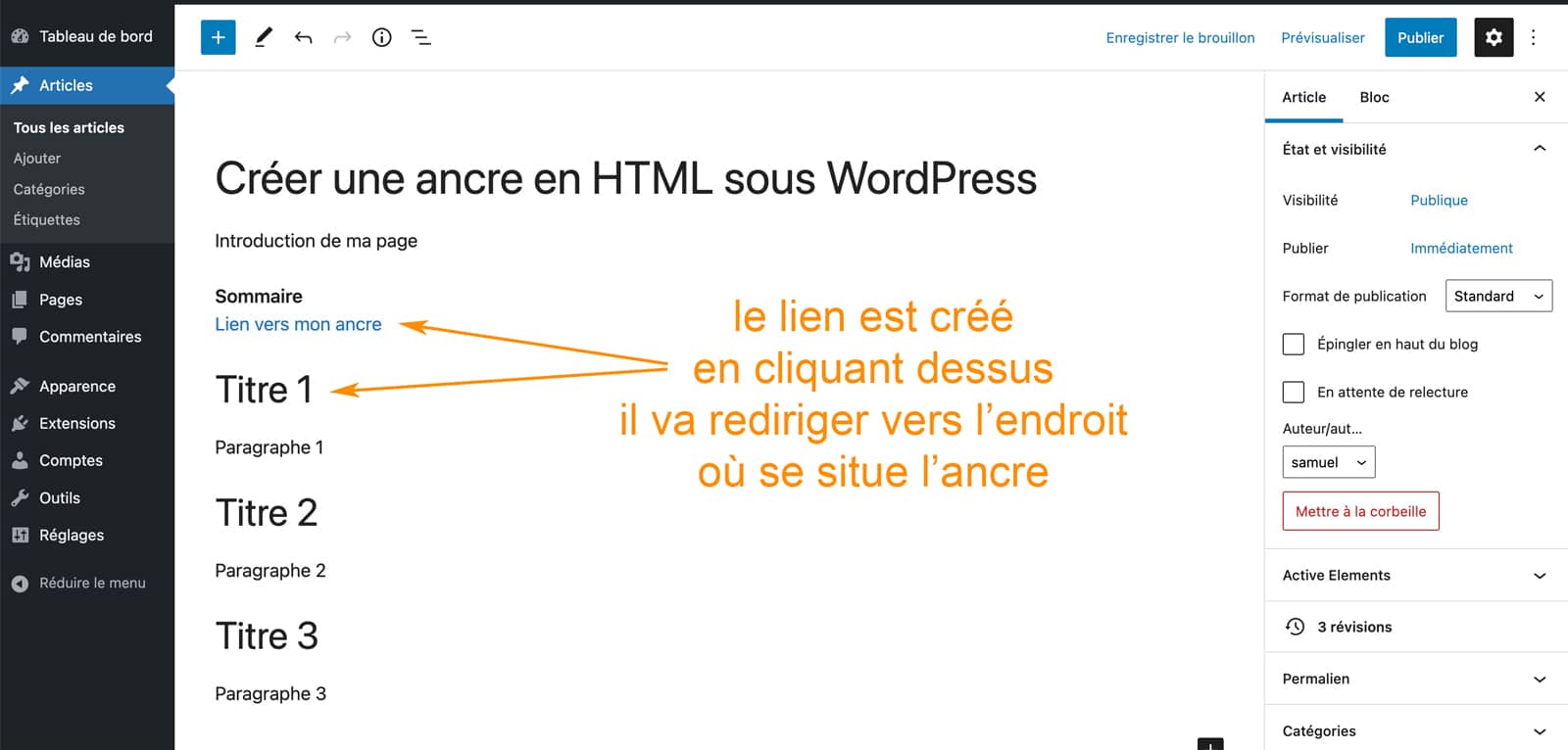 Tutoriel pour créer une ancre HMTL sous WordPress