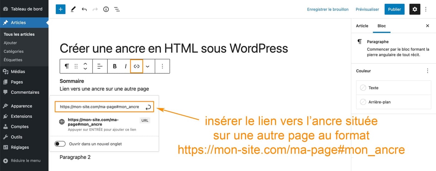 Tutoriel pour créer une ancre HMTL sous WordPress