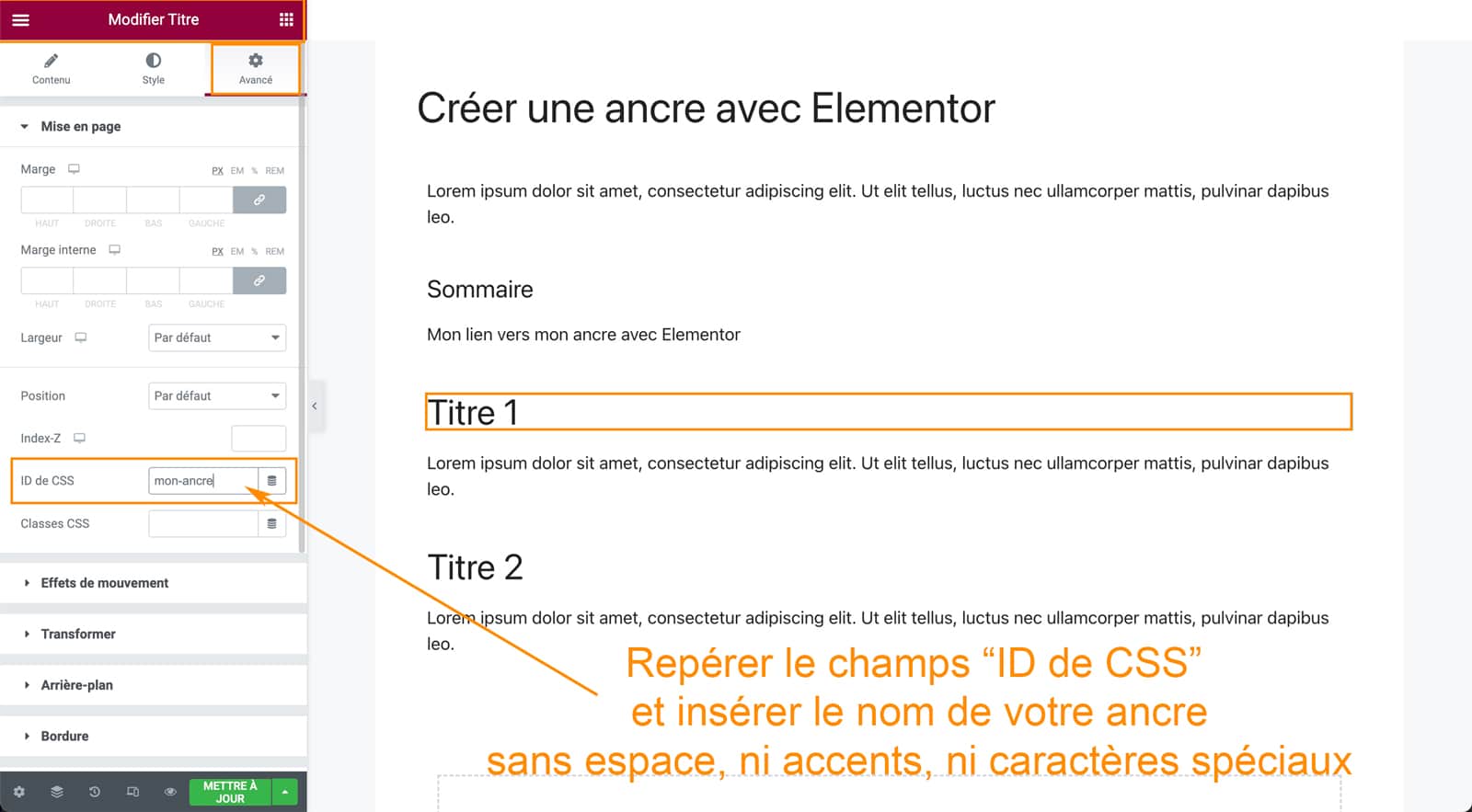 Tutoriel pour créer une ancre avec Elementor sous WordPress