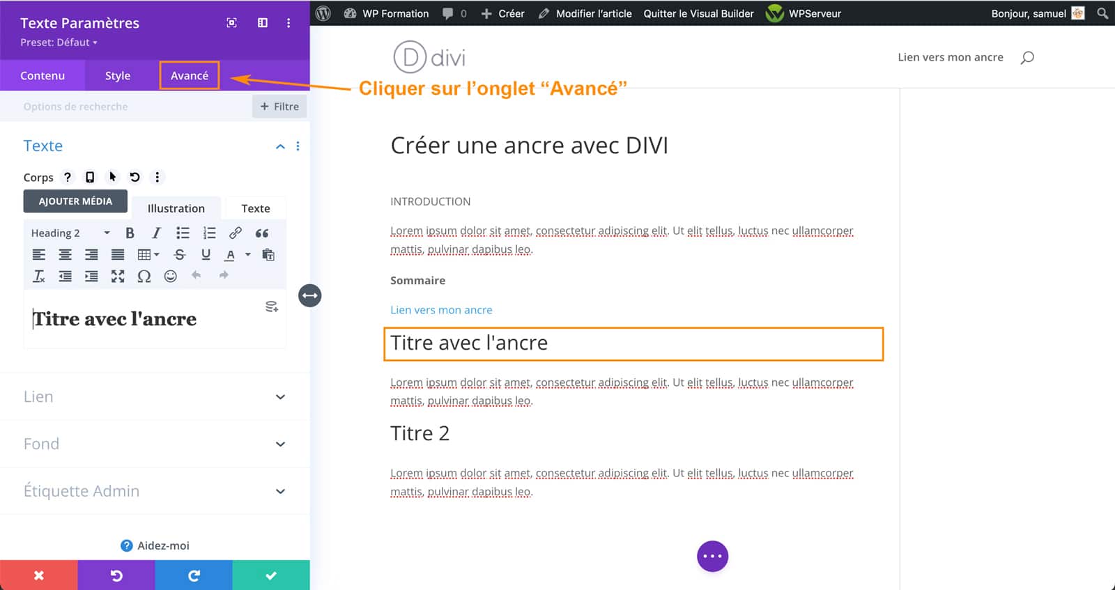 Tutoriel pour créer une ancre avec DIVI sous WordPress
