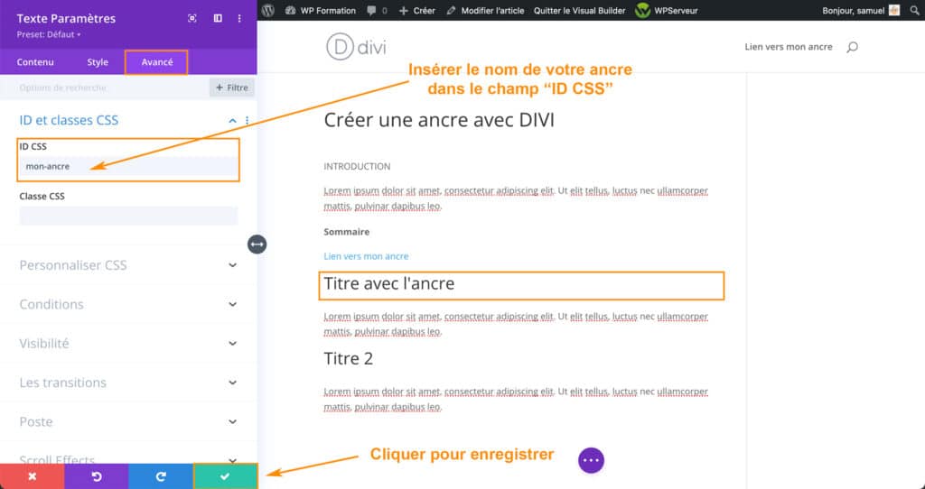 Tutoriel pour créer une ancre avec DIVI sous WordPress
