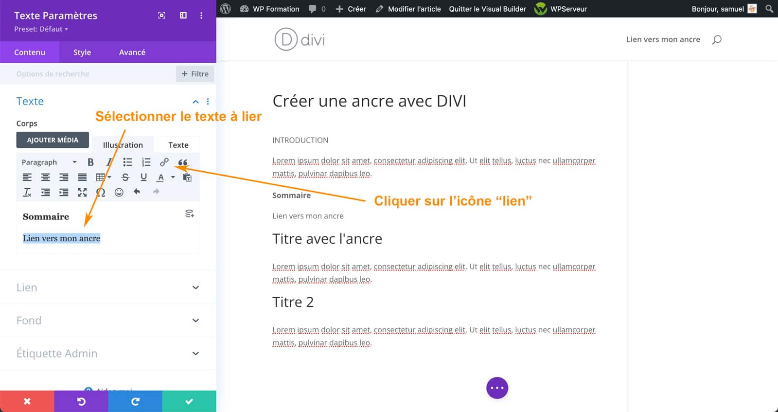 Tutoriel pour créer une ancre avec DIVI sous WordPress