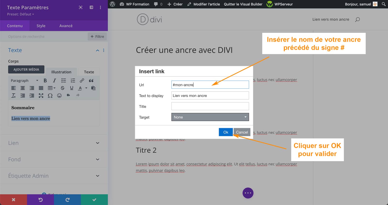Tutoriel pour créer une ancre avec DIVI sous WordPress