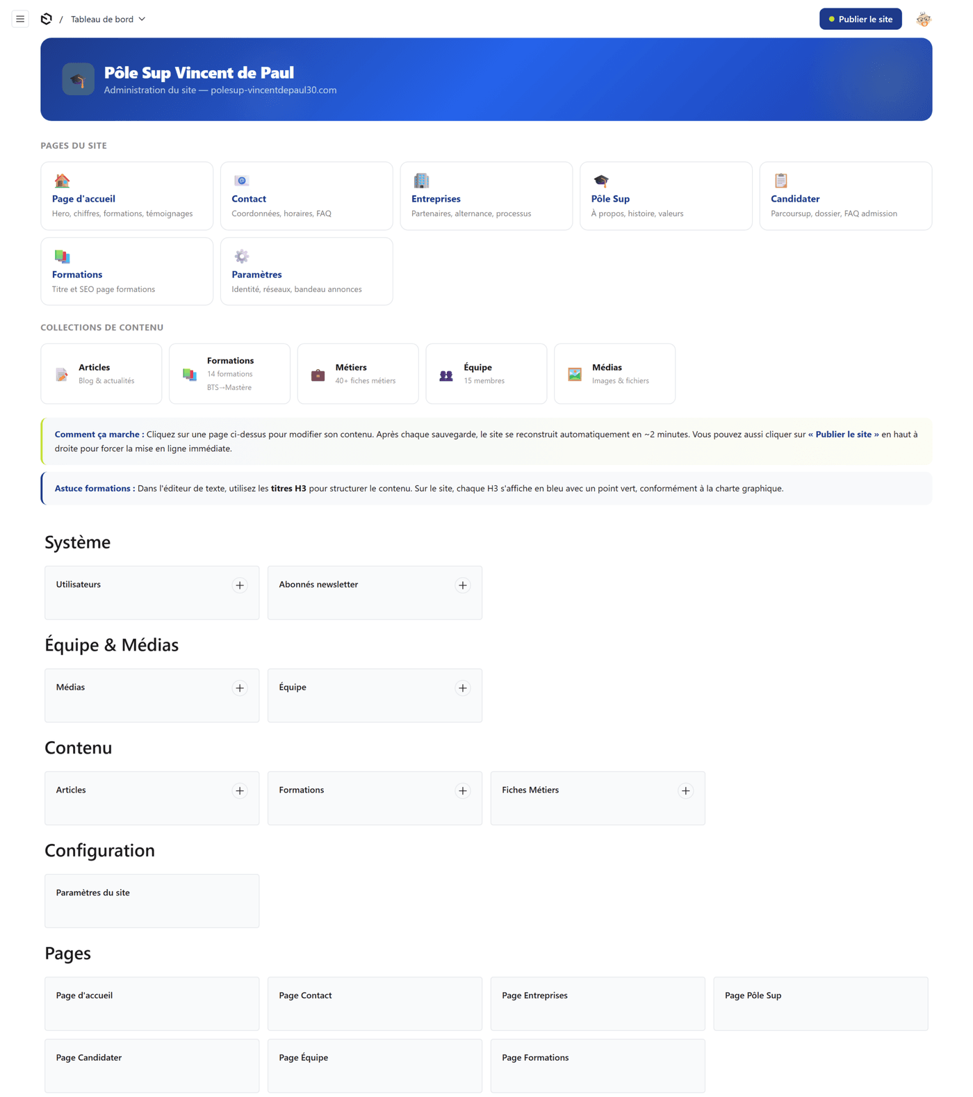 Dashboard admin Payload CMS — pages du site, collections, configuration