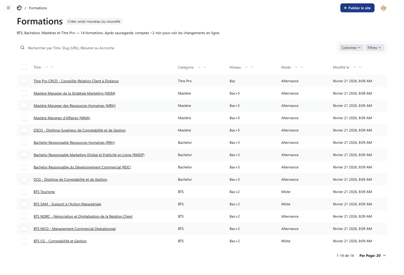 Liste des formations dans l'admin Payload CMS