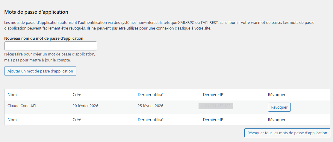 Mot de passe d'application WordPress