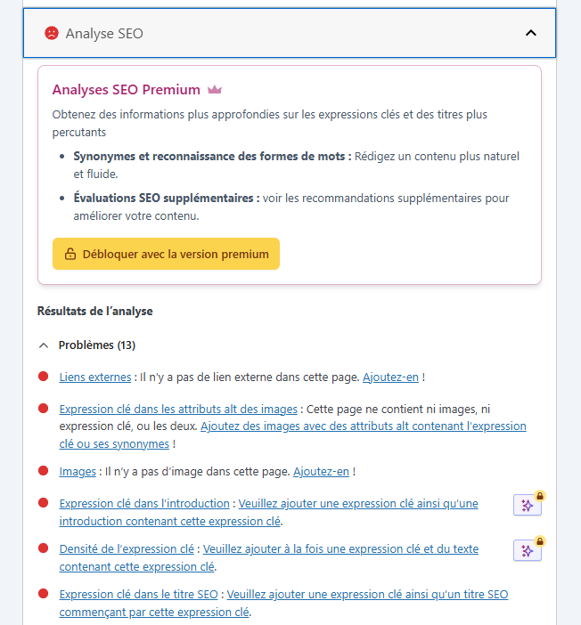 Tableau de bord WordPress avec alertes de plugin SEO premium poussant à l'achat