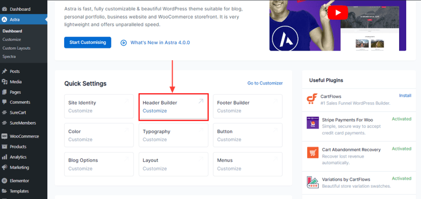 Astra Header Footer Builder interface drag and drop