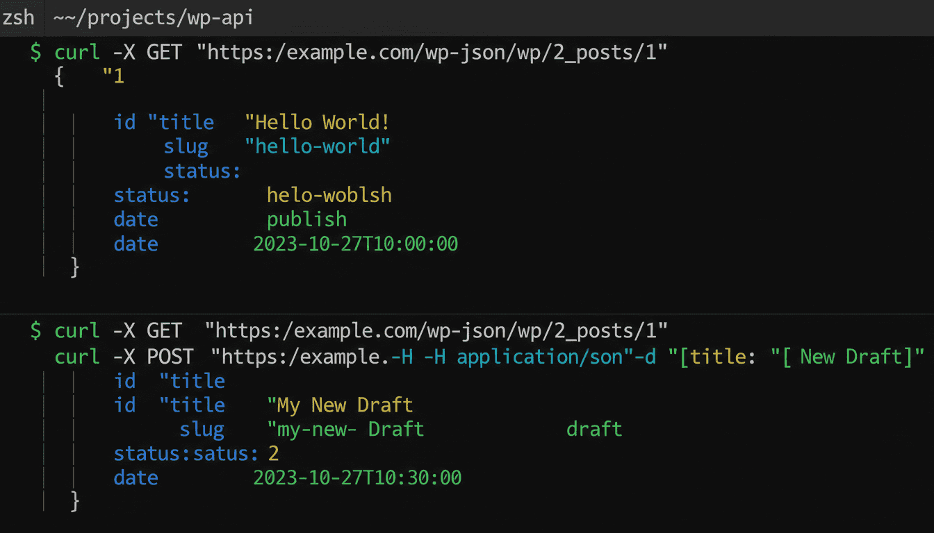Terminal affichant des commandes curl vers l'API REST WordPress : requête GET et POST avec réponses JSON colorées