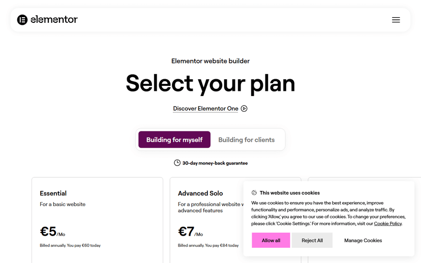 Tarification Elementor 2026 : plans Essentiel, Advanced Solo, Avancé, One, Expert et One Agency