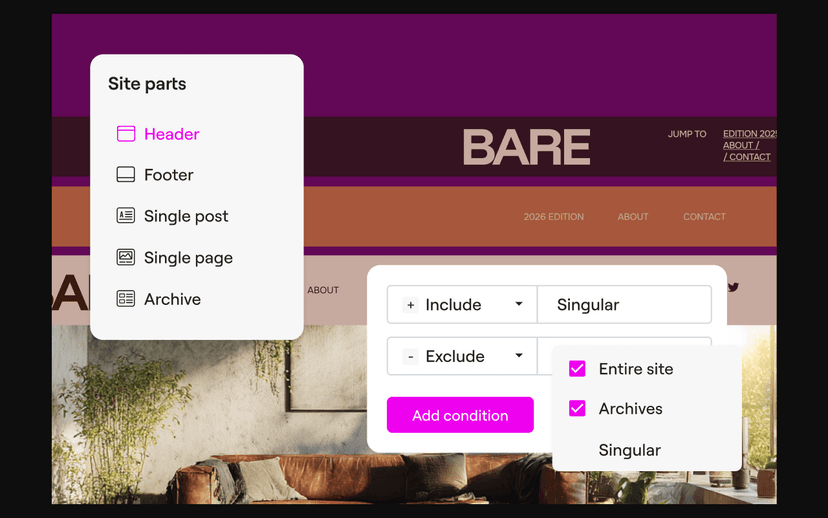 Interface du Theme Builder d'Elementor avec les templates header, footer et single post