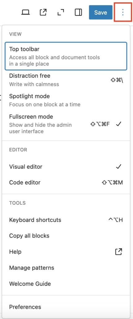 Menu des options avancées de l'éditeur Gutenberg (mode code, préférences, raccourcis)