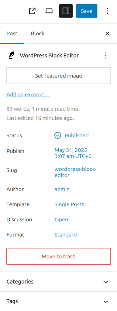 Panneau latéral de réglages d'un bloc dans Gutenberg WordPress